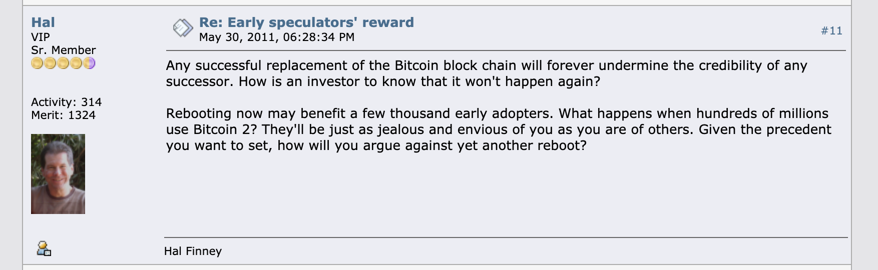 Hal Finney's comments on Bitcoin competitors